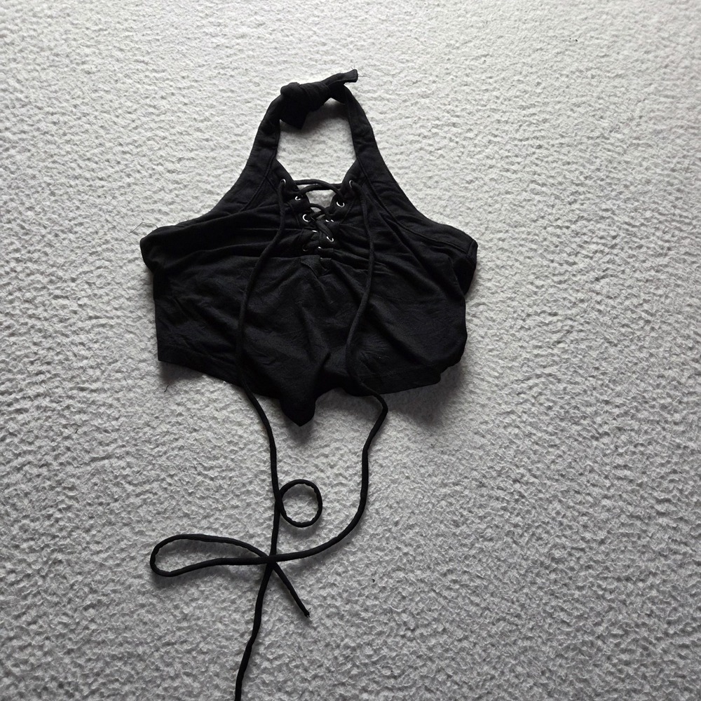 KILLSTAR Tank Top Womens Small Black Halter Sleeveless Lace Up Cropped Jersey